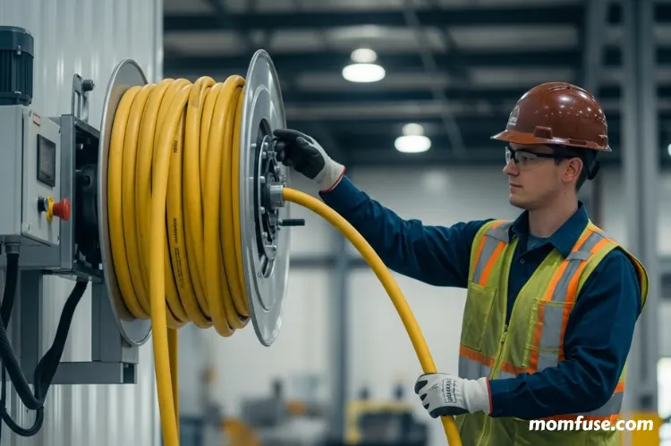 A worker safely retracting a hose into an industrial reel with smooth motion.