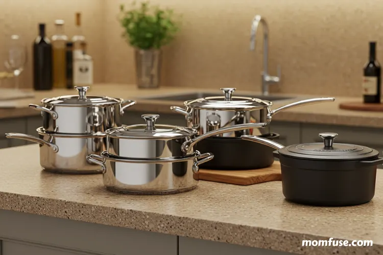 A modern kitchen countertop with a variety of premium cookware items.