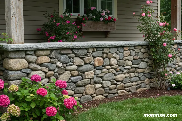 Charming porch wall and garden feature using river rock veneer, smooth rounded stones.