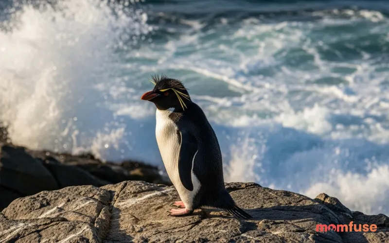 Rockhopper penguin with yellow crest feathers, rugged rocky terrain, ocean waves behind, dramatic lighting