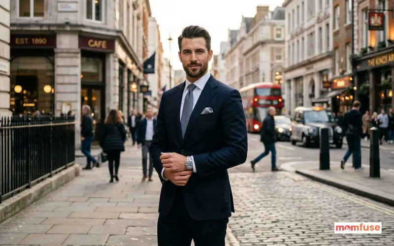 confident man in formal elegant outfit, sharp facial features, standing in urban background.