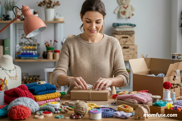 A parent packaging handmade crafts for an online store in a bright.