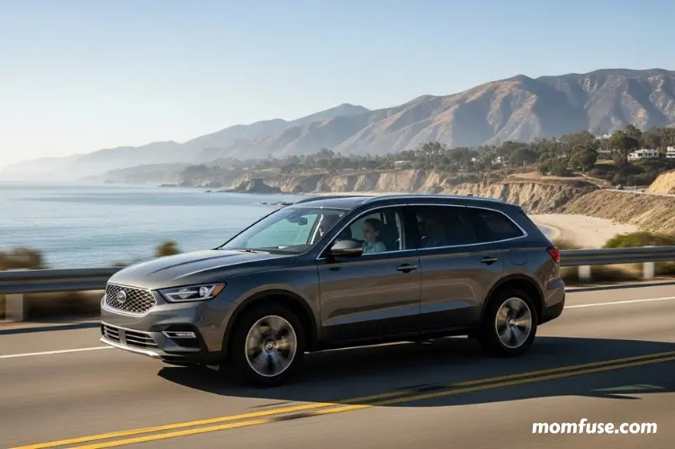 A stylish mid-size SUV driving along a scenic Los Angeles coastal highway, with a family.