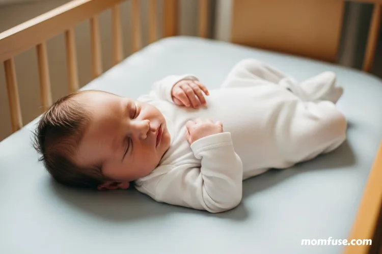 A newborn baby sleeping safely on their back in a simple crib or bassinet with a fitted sheet only.