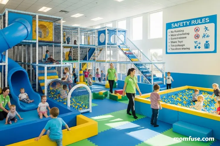 A clean indoor play area with staff supervising children, visible safety rules posted.