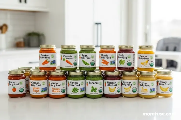 A modern kitchen scene showing baby food jars with clear labels, certification icons.