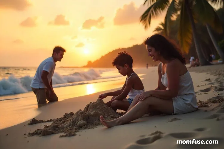Beachfront scene with families playing in the sand. family summer vacation USA