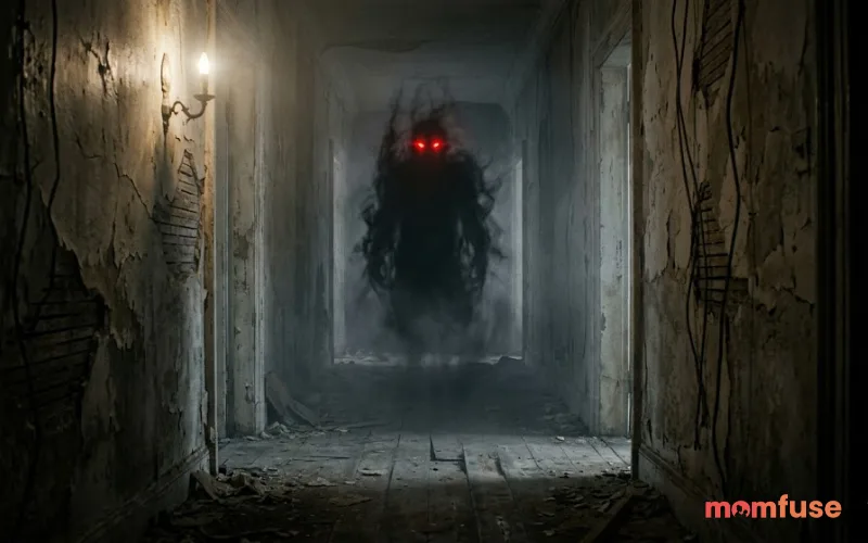 Dark hallway with terrifying shadow ghost emerging, glowing eyes, cracked walls, heavy fog, horror cinematic lighting, ultra realistic