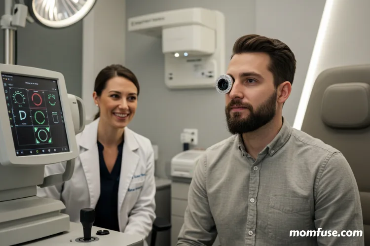An man at an optometrist’s office, getting an eye check-up with a digital screen test.-protect parents eye health