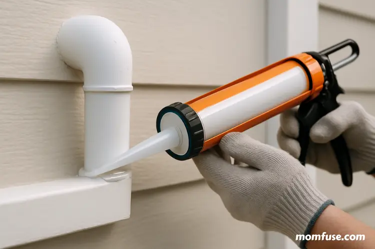 Hands applying caulk to seal pipe joint.