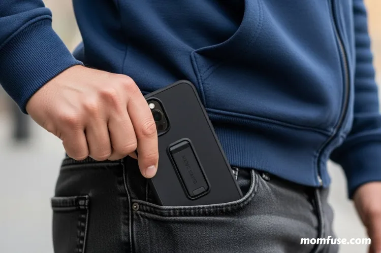 Side profile of an iPhone sliding smoothly into a pocket while wearing a magic stand case.