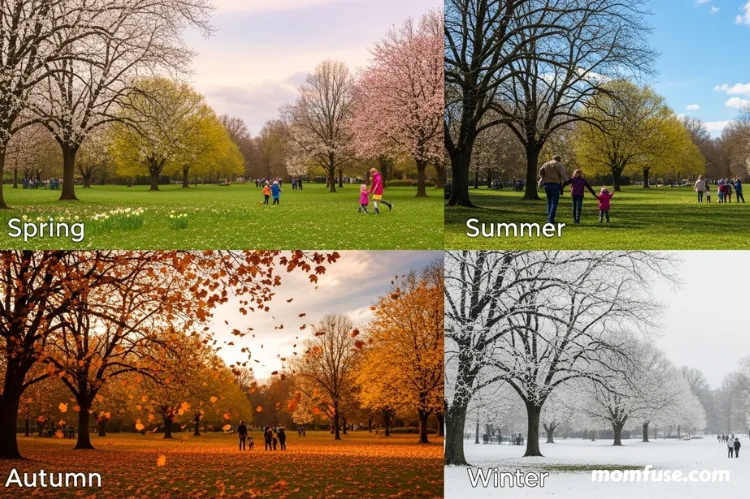 A four-panel seasonal split image.