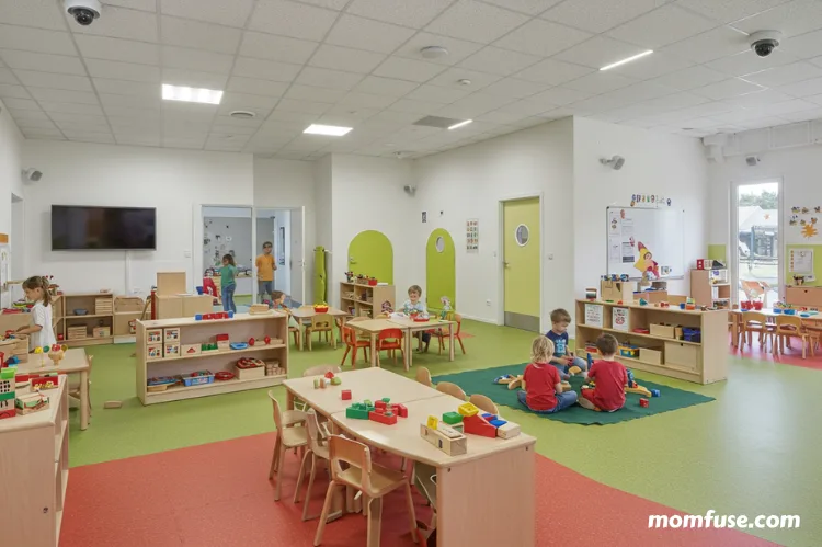 Modern daycare center with playful, colorful classrooms, children playing safely, and discreet security cameras.