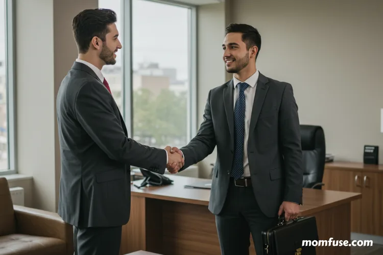 A confident attorney shaking hands with a client inside a professional, modern office. fix credit report errors