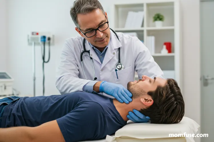 Doctor examining a patient’s neck and back in a clinic after a car accident.