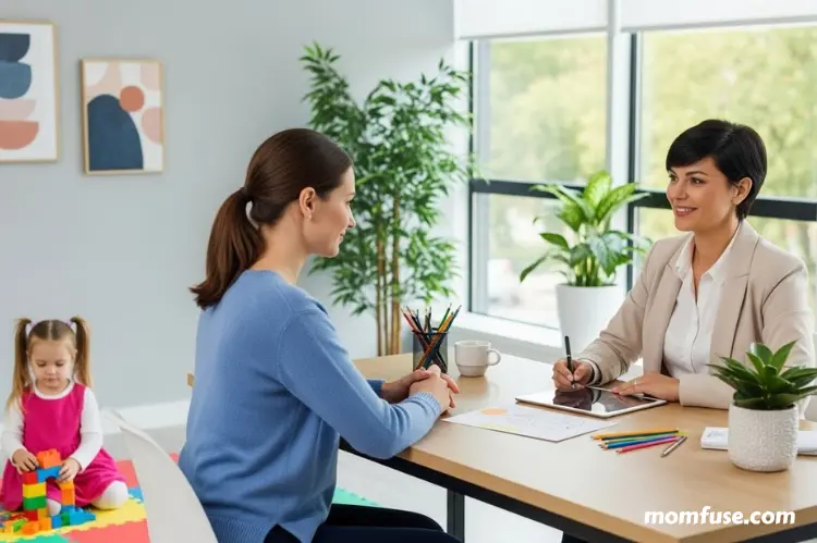 A calm, professional scene where a mother speaks with a child psychologist in a modern clinic.