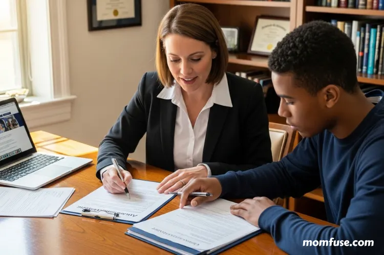 College admissions consultant and high school student reviewing application documents together.