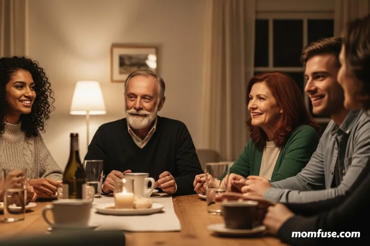 A cozy group setting with diverse people around a table in conversation.