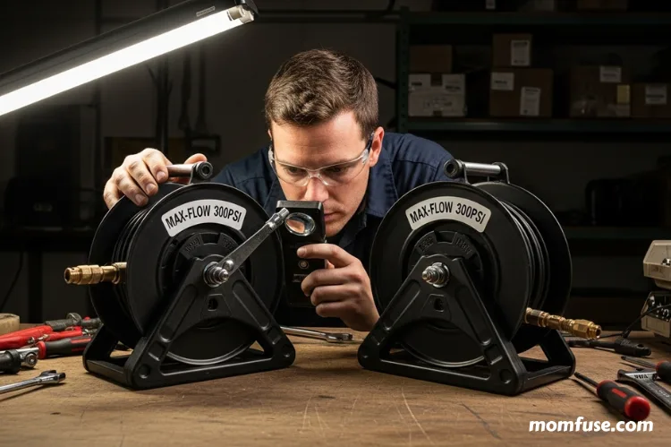 technician comparing two air hose reels on a workbench, examining labels and features.