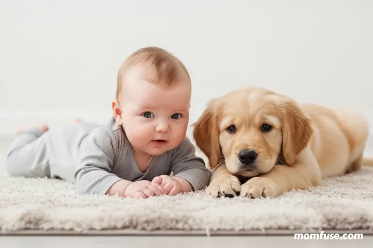 A soft, heartwarming scene of a baby lying on a cozy rug beside a golden puppy.