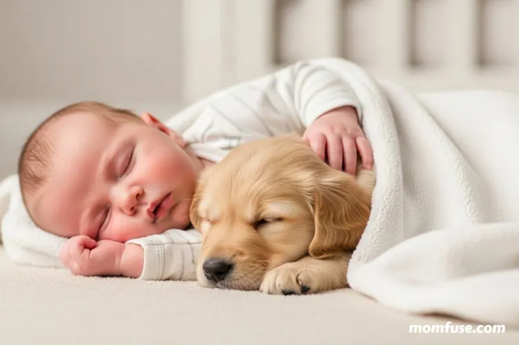 A peacefully sleeping baby cuddles with a golden retriever puppy.