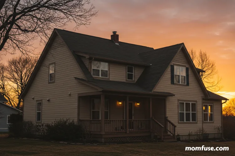 A cozy family home with a warm sunset in the background.