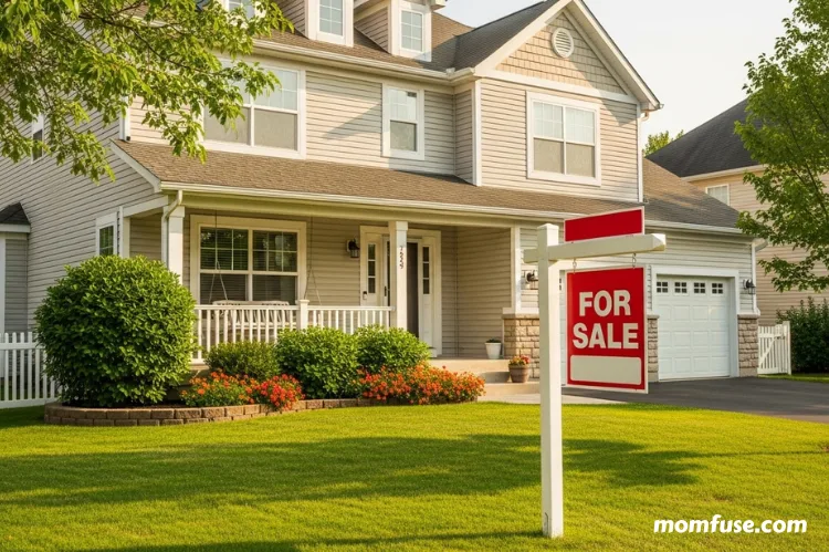 A charming suburban family home with a "For Sale" sign in the front yard.
