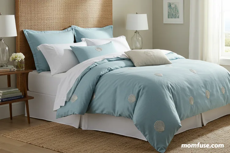 A dreamy, high-end bedroom featuring Serena & Lily bedding.-luxe quilts for beds