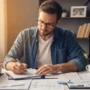 A calm, motivating financial recovery scene showing a man reviewing documents, medical bills.