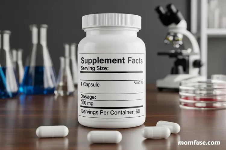 A detailed supplement facts panel highlighting serving size, dosage, and servings per container.