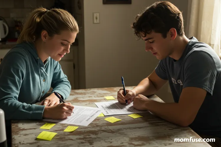 Two roommates writing a roommate agreement on paper with cleaning duties and quiet hours.