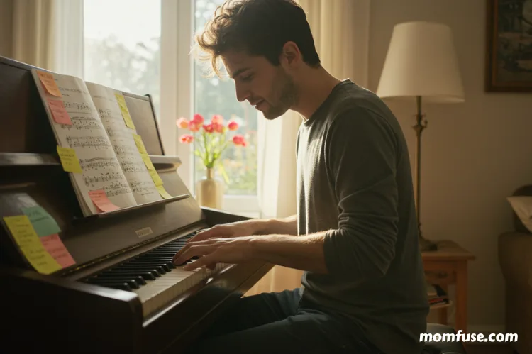 A bright, warm scene of a pianist practicing at home with sheet music and sticky notes marking progress.
