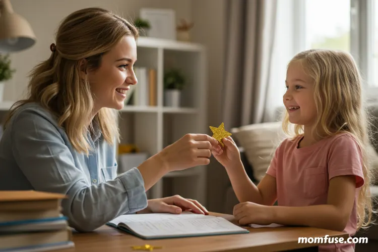 A mother giving a sticker reward to child who just completed homework. -afternoon focus for kids