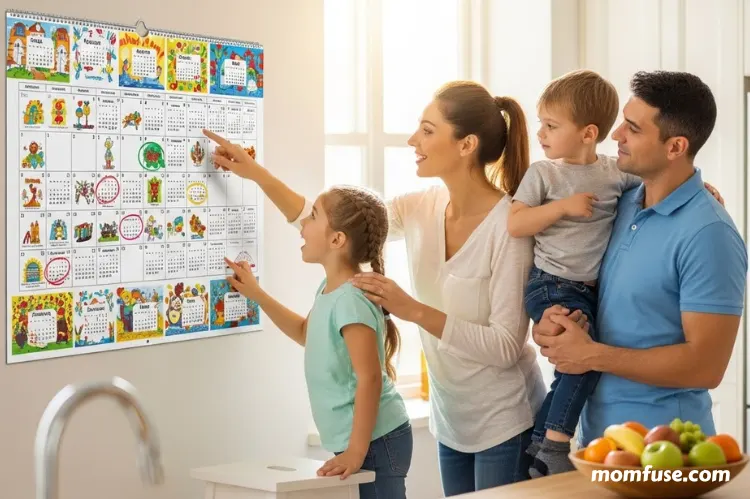 A family looking at a colorful wall calendar together in the kitchen.
