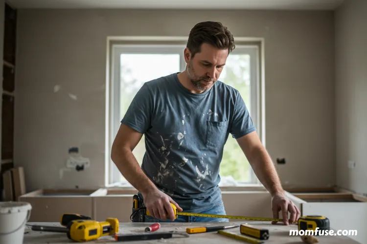 A busy father in a kitchen mid renovation. home improvement tips