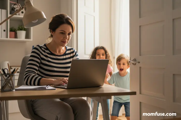 A mom in her home office work and her children stand outside the door.