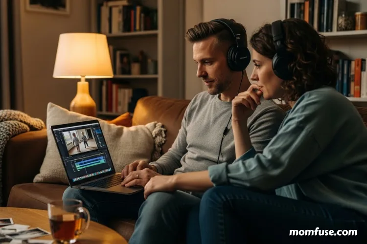 A parents listening to music on headphones while editing a child’s milestone video on a laptop.