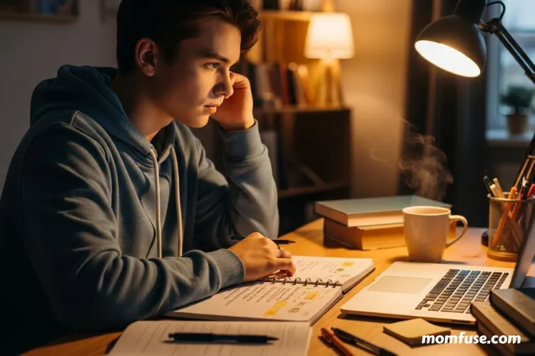 Focused student studying at home desk with planner and laptop.