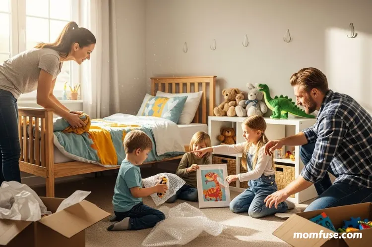 Family setting up children’s room first in new home, placing familiar bedding and toys.