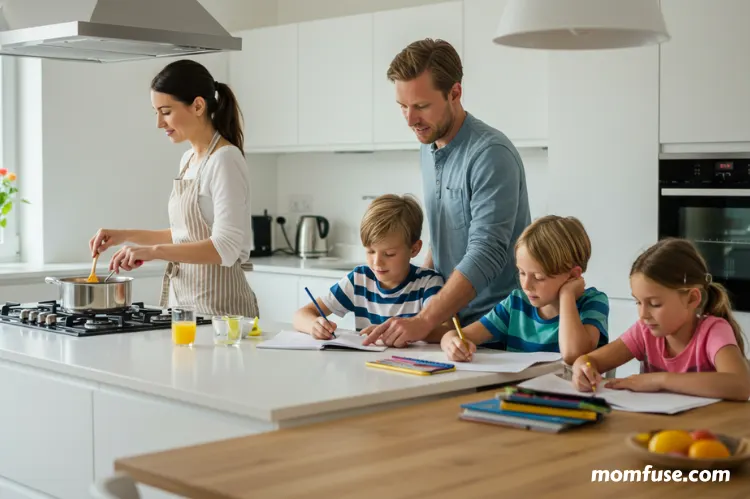 A couple in a modern kitchen sharing chores—mam cooking while dad helps kids with homework.