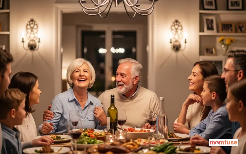 happy senior couple laughing with family at dinner table, joyful family gathering.