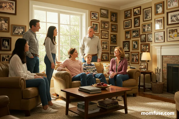 A family gathered in a living room, looking at framed colorized photos on the wall.