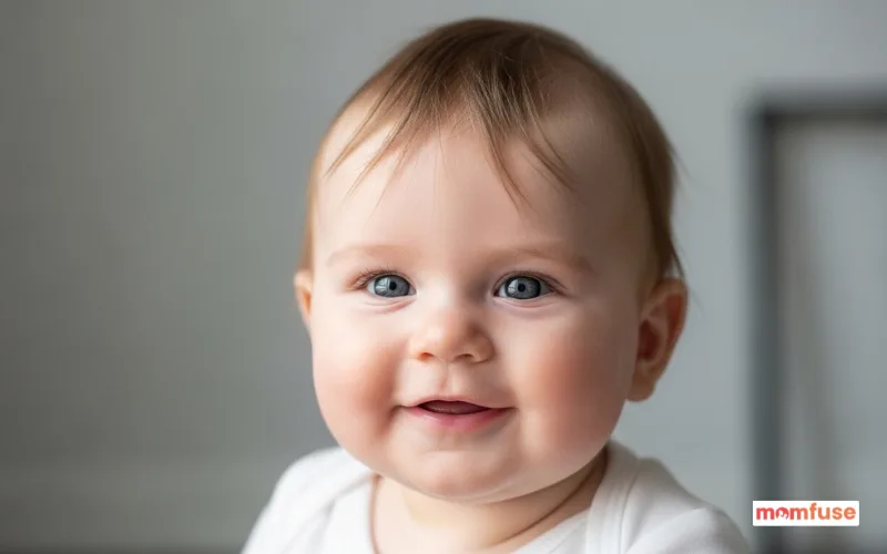portrait of baby smiling, simple neutral background, clean composition, bright natural lighting.