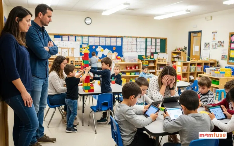 Parents observing a preschool classroom, noticing subtle signs like overwhelmed teachers and children using screens.