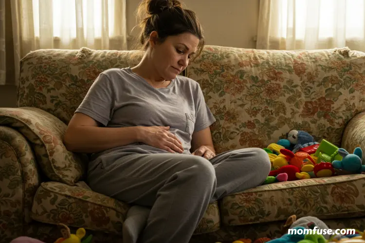 A tired mother sitting down with hand on her abdomen.