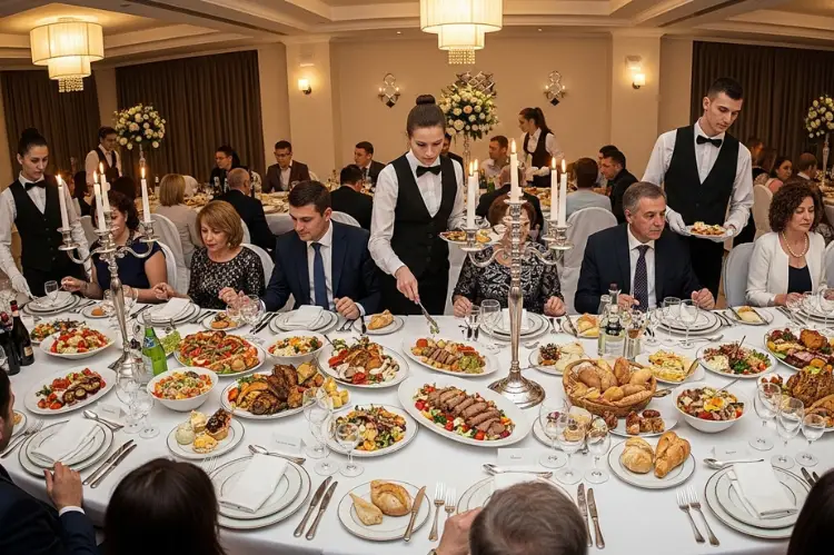 A wide banquet table filled with gourmet dishes, elegant tableware, and guests enjoying food.