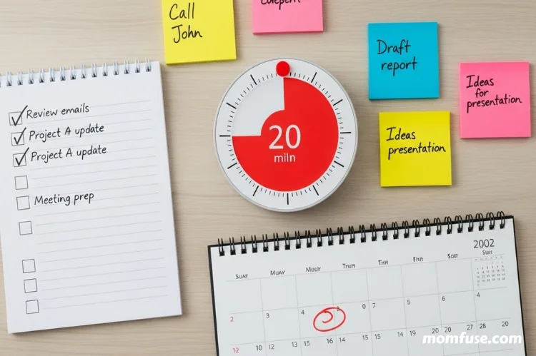 Flat-lay image of productivity tools: visual timer, paper checklist, calendar, sticky notes.