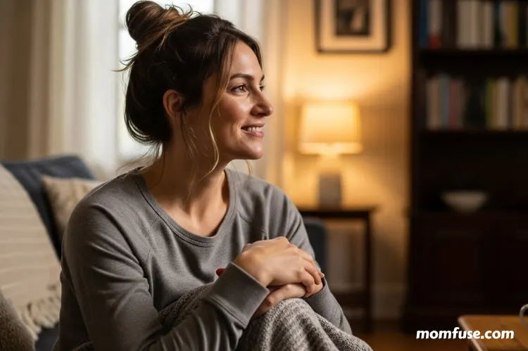 Messy top knot bun with loose face-framing strands, mom wearing casual loungewear, cozy home setting..