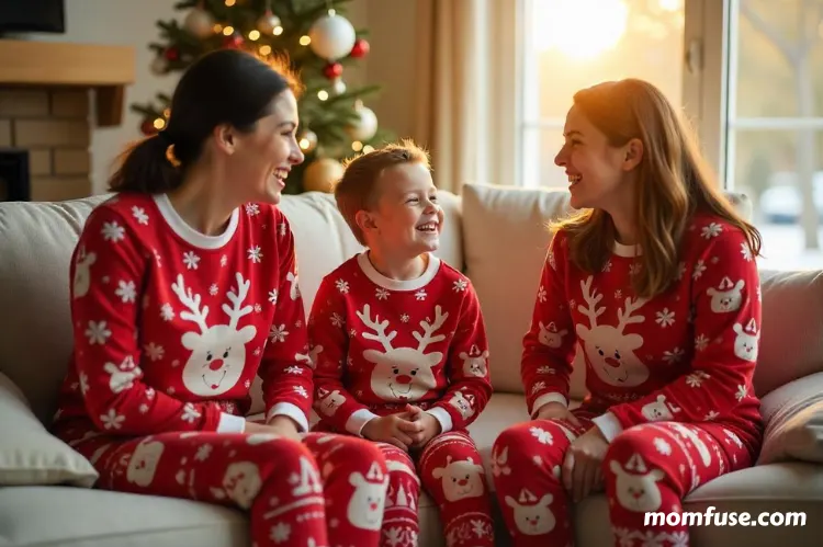 A joyful family of, two women and a child boy, sitting on a cozy sofa.