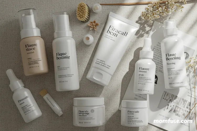 A clean flat lay of self-care essentials — skincare bottles.